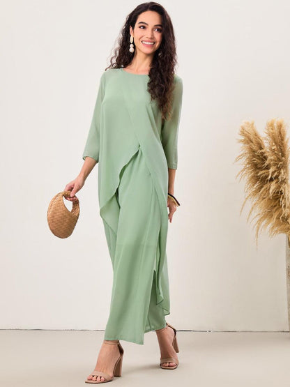 Chiffon-Hosensets mit 3/4-Ärmeln und U-Boot-Ausschnitt und weitem Bein