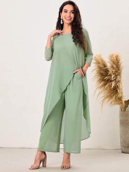 Chiffon-Hosensets mit 3/4-Ärmeln und U-Boot-Ausschnitt und weitem Bein