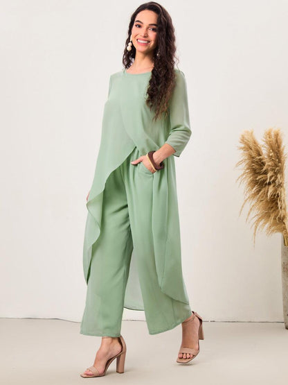 Chiffon-Hosensets mit 3/4-Ärmeln und U-Boot-Ausschnitt und weitem Bein