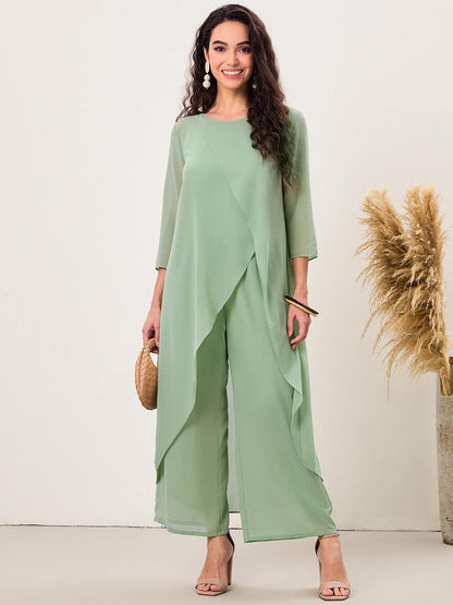 Chiffon-Hosensets mit 3/4-Ärmeln und U-Boot-Ausschnitt und weitem Bein