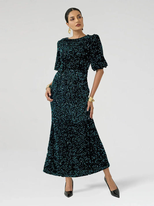 Velvet Sequin Midi Dress with Puff Sleeves