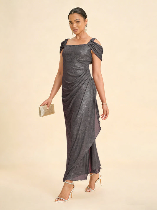 Ankle-Length Cold Shoulder Glitter Mesh Dress