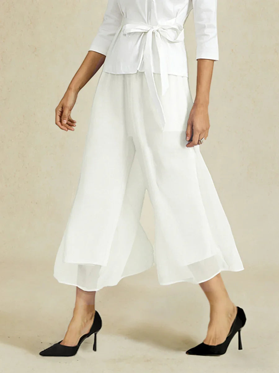 Cropped Length Straight Leg Pant With Chiffon Split Leg Overlay
