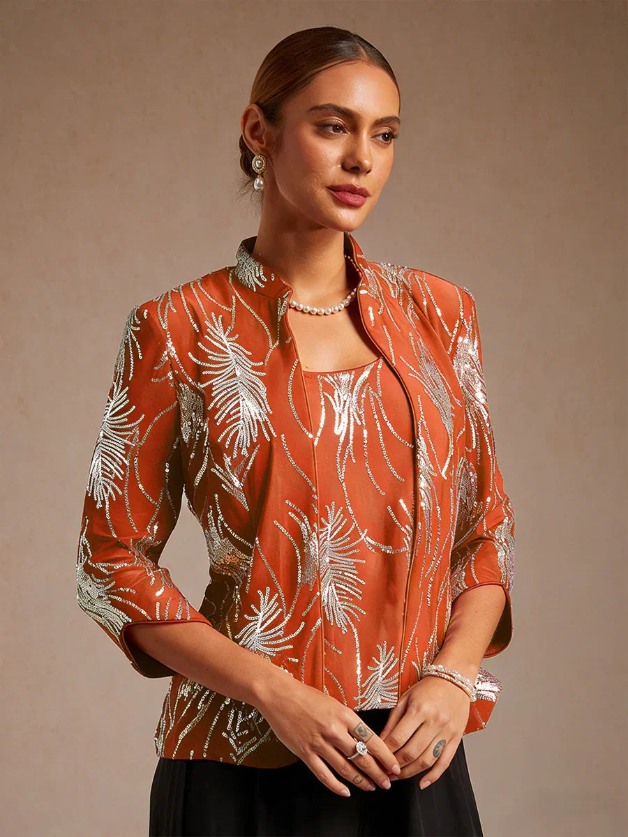 Elegant Mandarin Collar Sequin Twinset