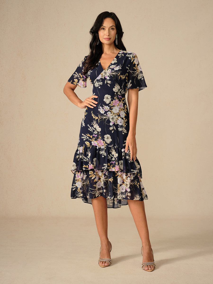 Floral Chiffon V Neck Ruffle Midi Dress