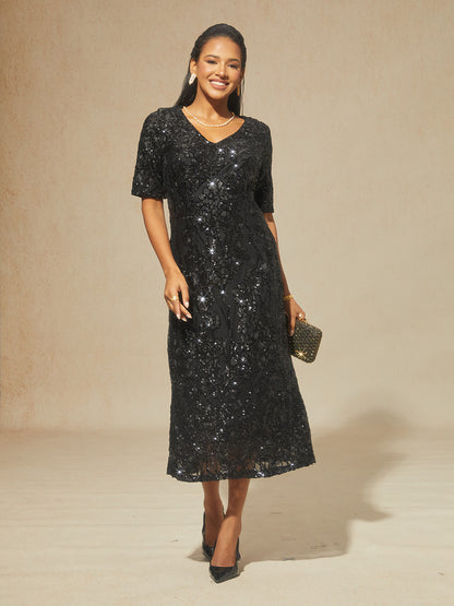 Elegant V-Neck Cold Shoulder Sequin Dress