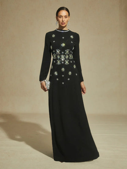 Black Maxi Evening Dress with Snowflake Crystal Embellishments