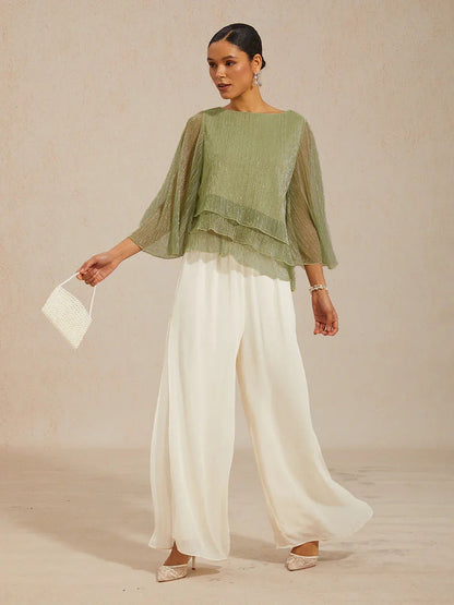 Metallic Pleated Chiffon Asymmetrical Layered Blouse