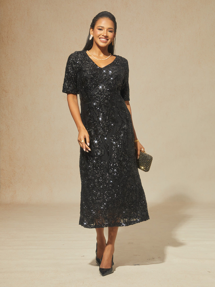 Elegant V-Neck Cold Shoulder Sequin Dress
