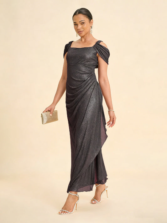 Ankle-Length Cold Shoulder Glitter Mesh Dress
