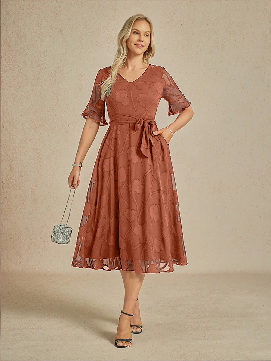 Ruffle Flutter Lace Midi Dress with Pockets