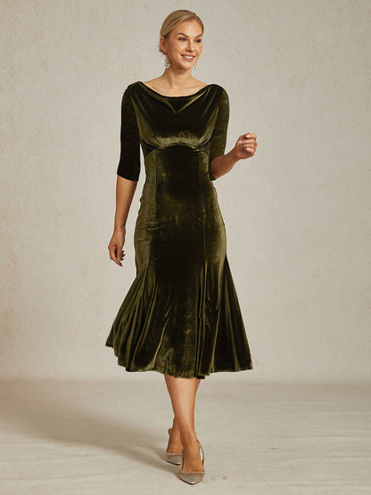 High-Stretch Velvet Sleeveless Midi Dress with Cowl Neck