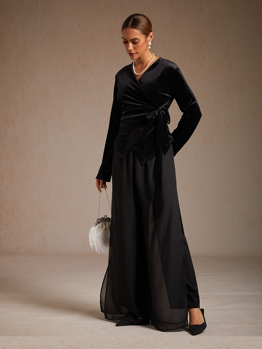 Velvet Wrap Blouse with V-Neckline