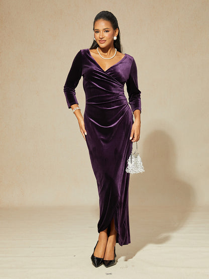 Long Stretch Velvet Evening Dress with 3/4 Sleeves