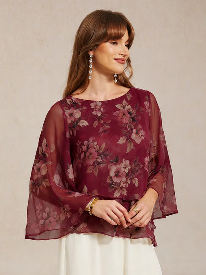 Lace Chiffon Layered Blouse with Floral Print