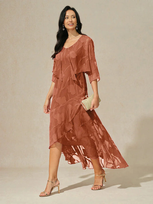 Navy Floral Chiffon Evening Gown with Asymmetrical Hem