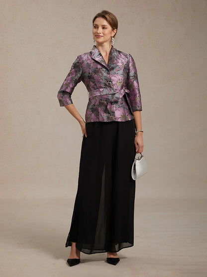 3/4 Sleeve Floral Jacquard Blouse with Tie Waist