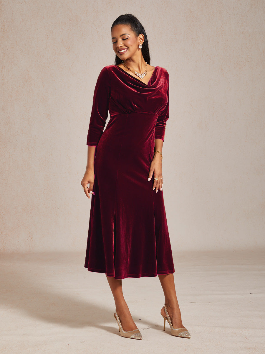 High-Stretch Velvet Sleeveless Midi Dress with Cowl Neck