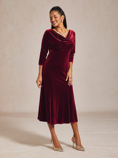 High-Stretch Velvet Sleeveless Midi Dress with Cowl Neck