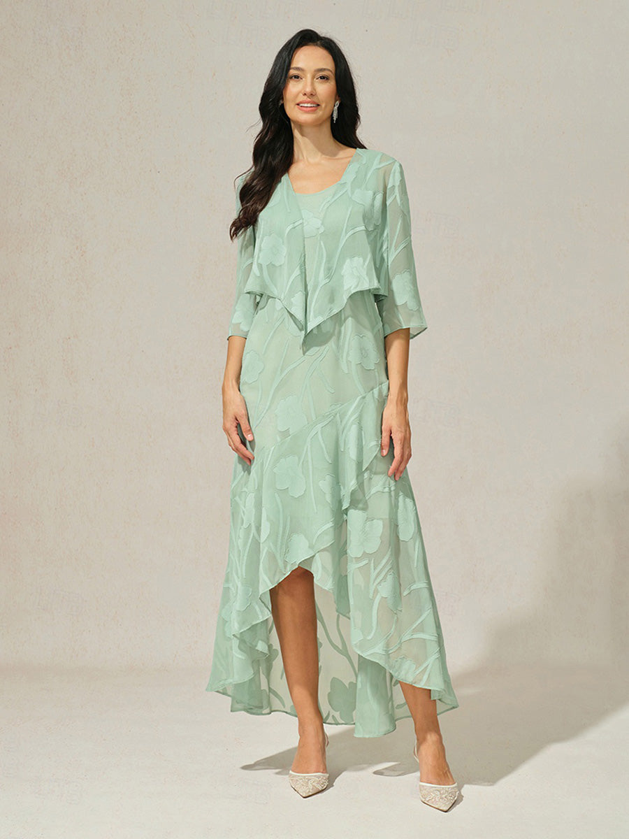 花卉雪紡晚禮服，帶不對稱下擺