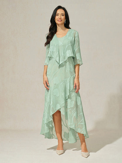 花卉雪紡晚禮服，帶不對稱下擺