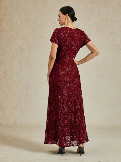 Robe trapèze en dentelle rosette ornée de paillettes