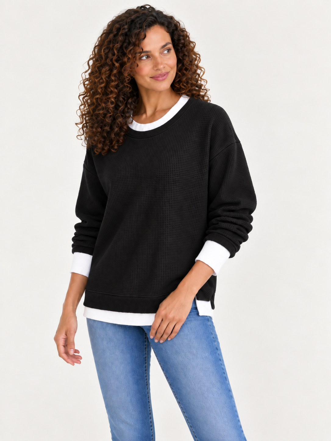 Cotton Waffle Patchwork Sweatshirt