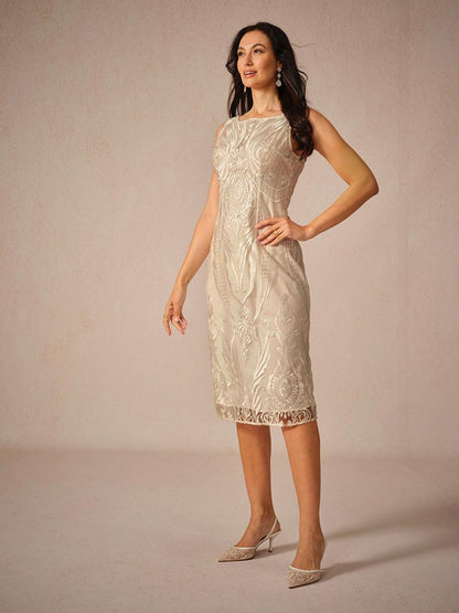 Embroidery Lace Boat Neck Sleeveless Dress