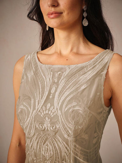 Embroidery Lace Boat Neck Sleeveless Dress