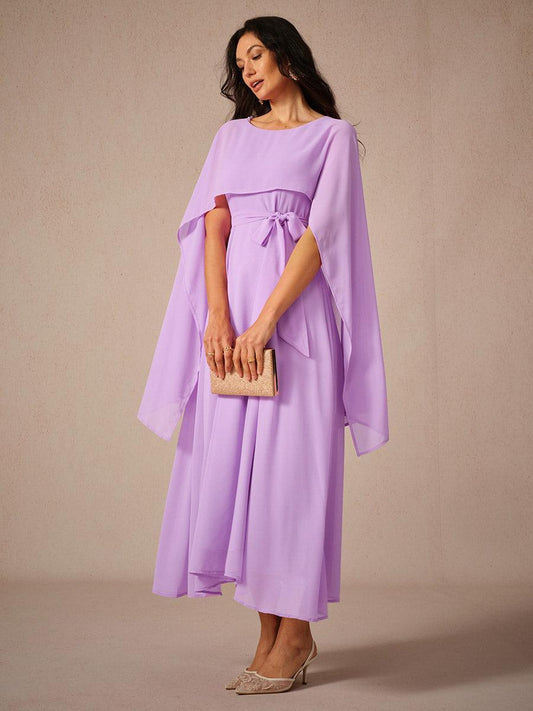 Belted Waist Purple Chiffon Maxi Dress