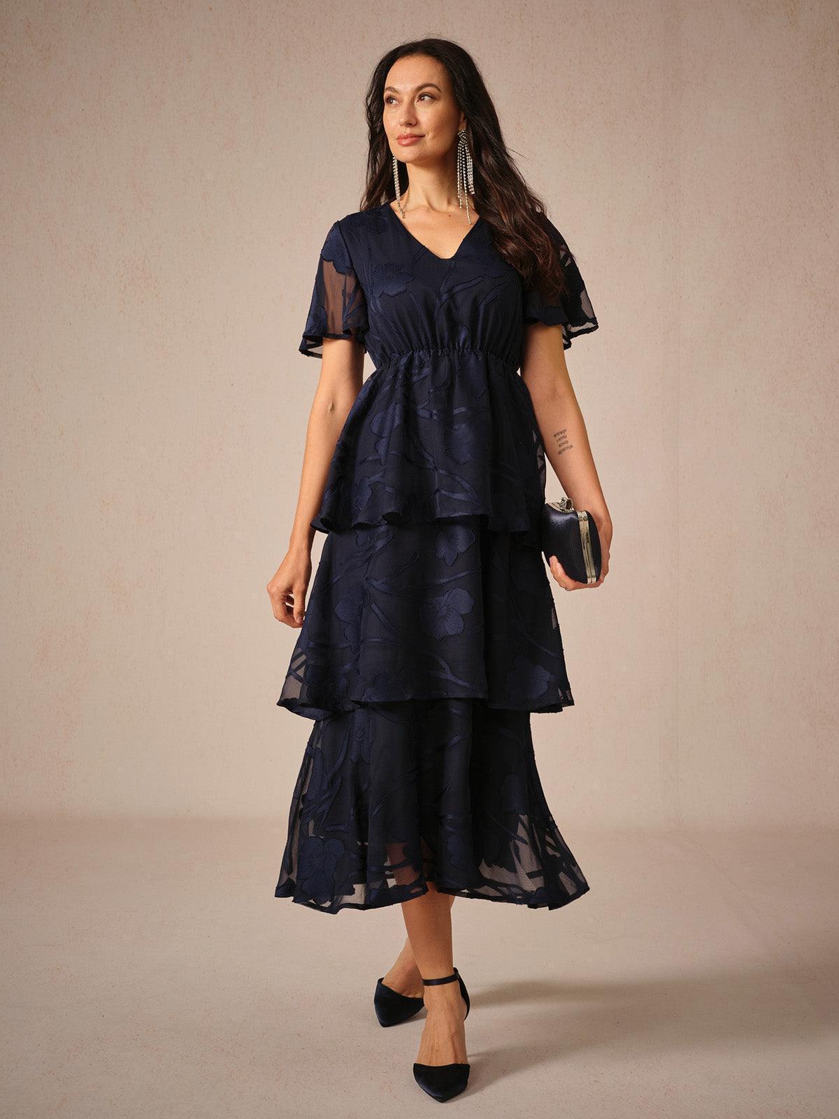 Lace V Neck Ruffle Layered Flutter Dress
