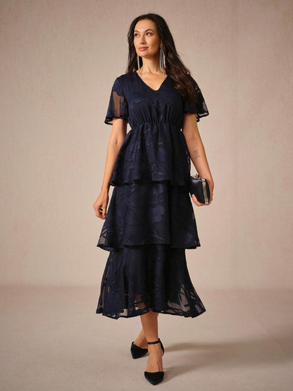 Lace V Neck Ruffle Layered Flutter Dress