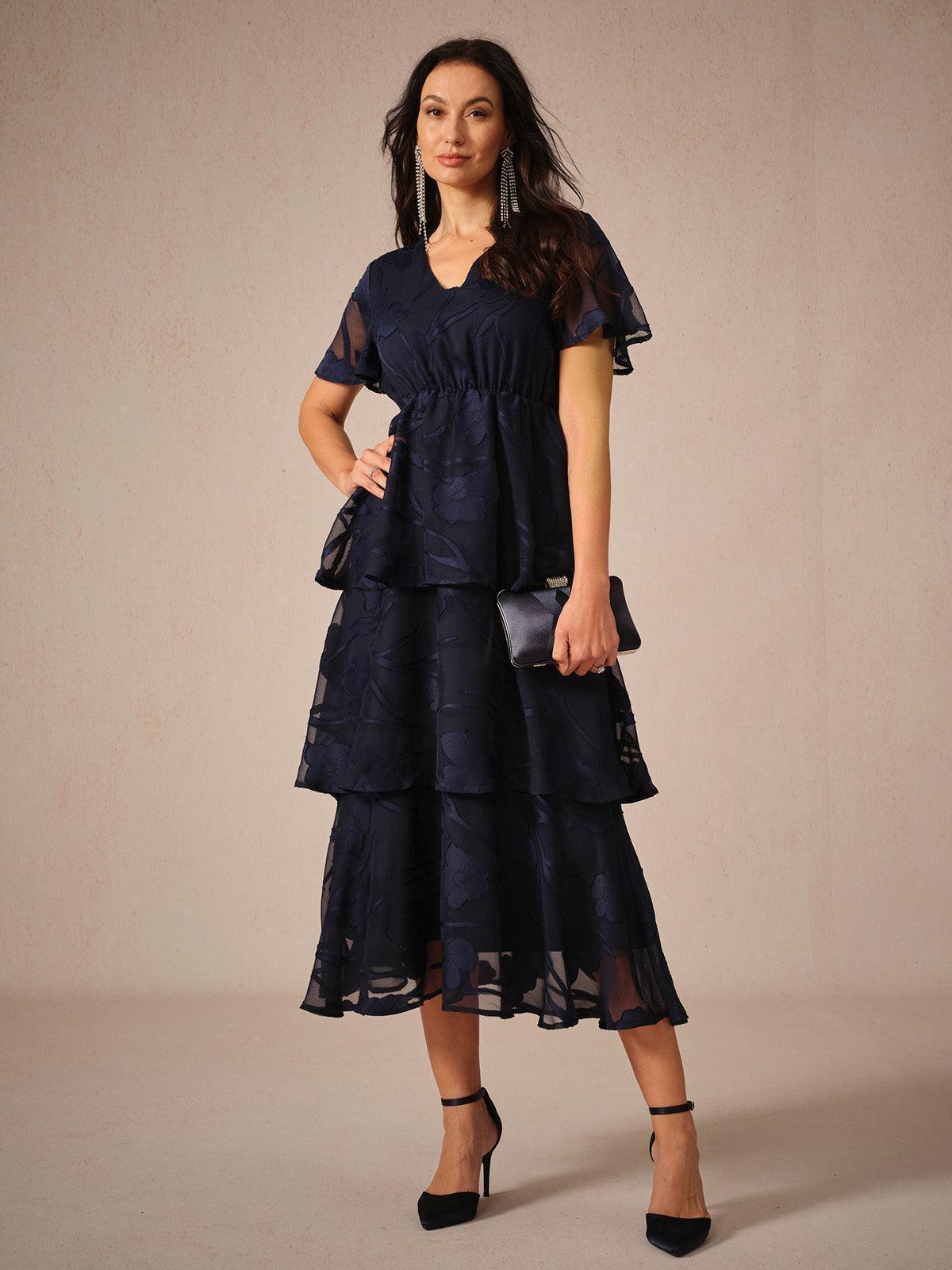 Lace V Neck Ruffle Layered Flutter Dress
