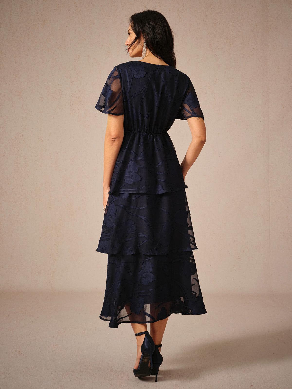 Lace V Neck Ruffle Layered Flutter Dress