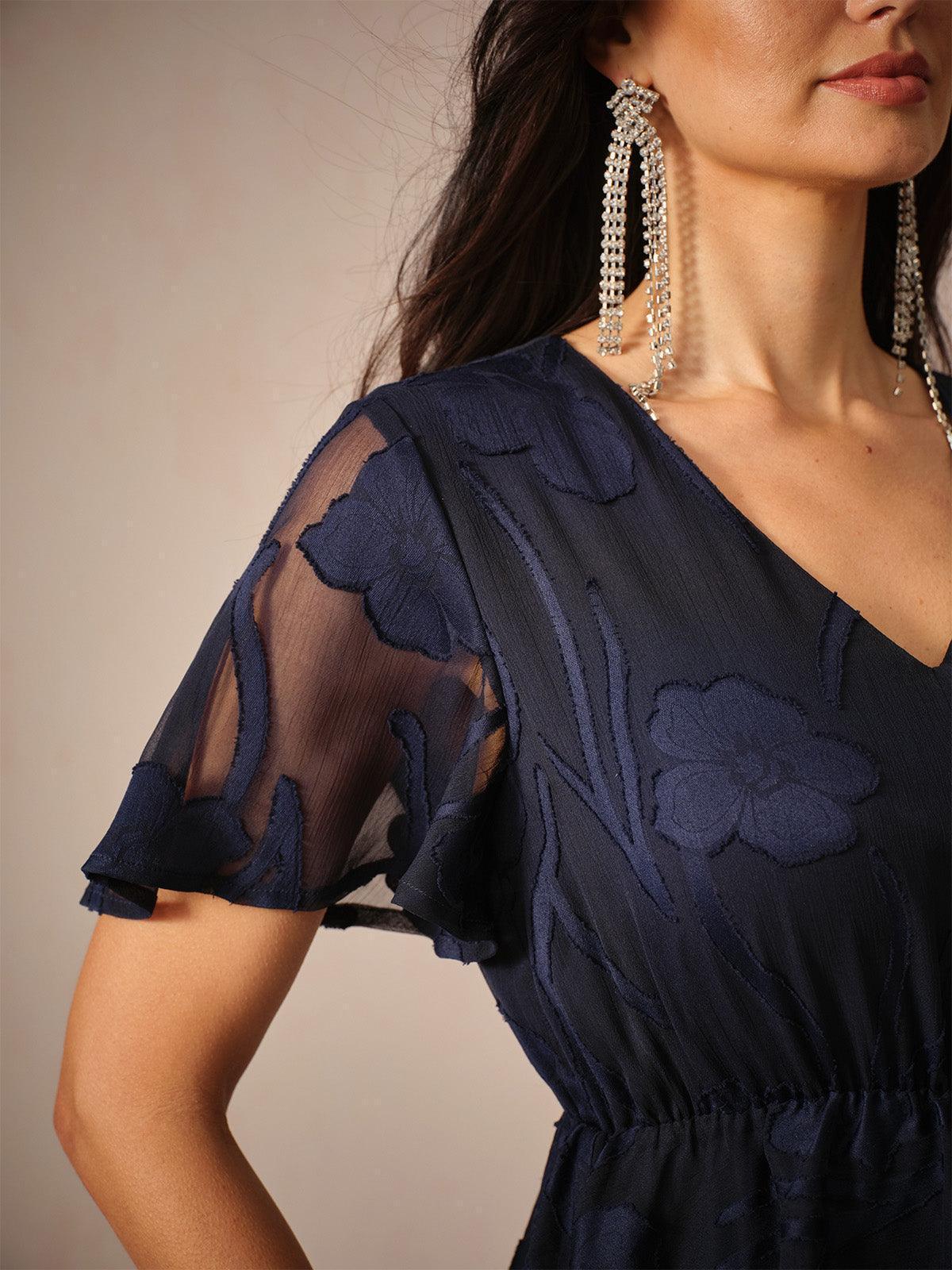 Lace V Neck Ruffle Layered Flutter Dress