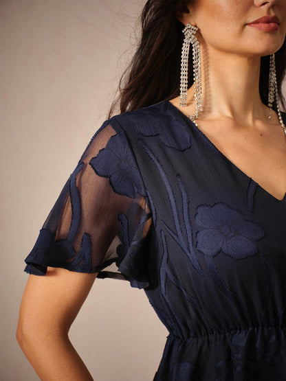 Lace V Neck Ruffle Layered Flutter Dress