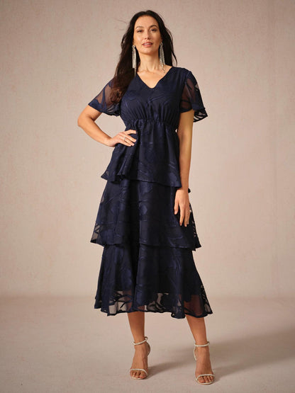 Lace V Neck Ruffle Layered Flutter Dress