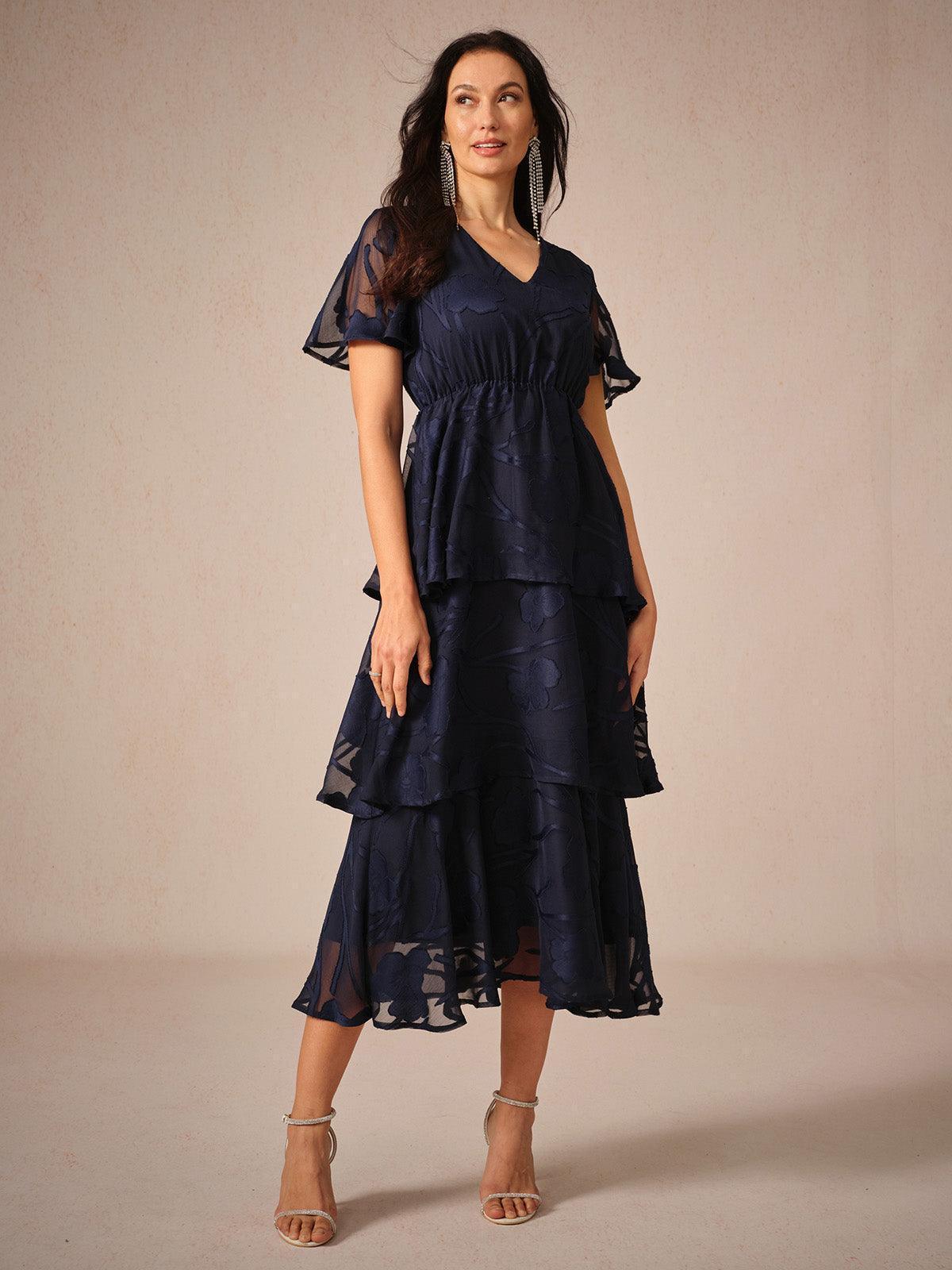 Lace V Neck Ruffle Layered Flutter Dress