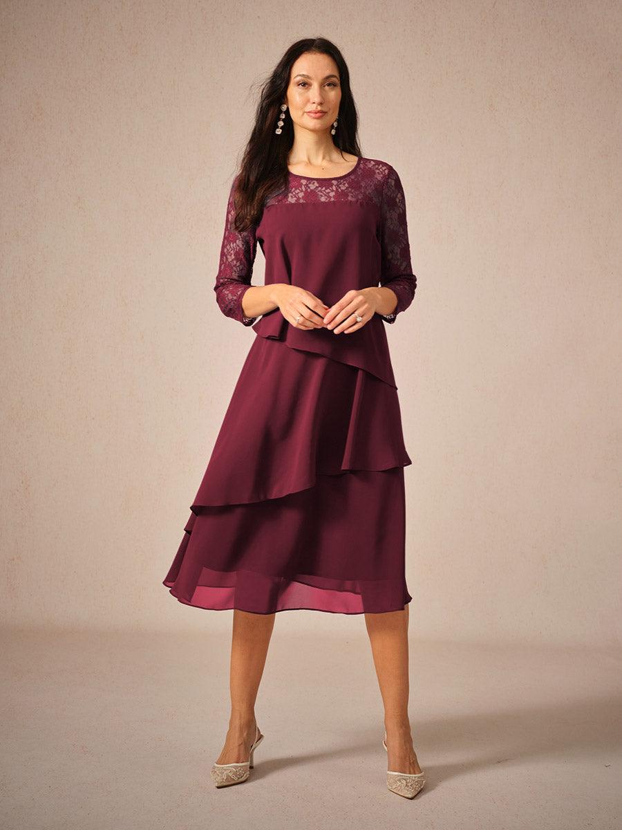 Lace Tiered Chiffon 3/4 Length Sleeve Dress