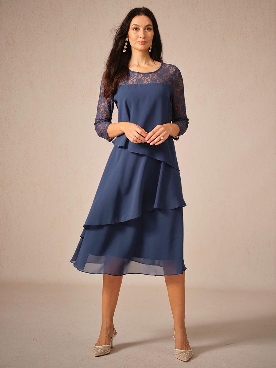 Chiffonkleid mit Spitzenverzierung und 3/4-Ärmeln
