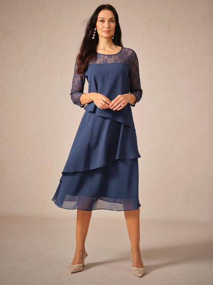Lace Tiered Chiffon 3/4 Length Sleeve Dress
