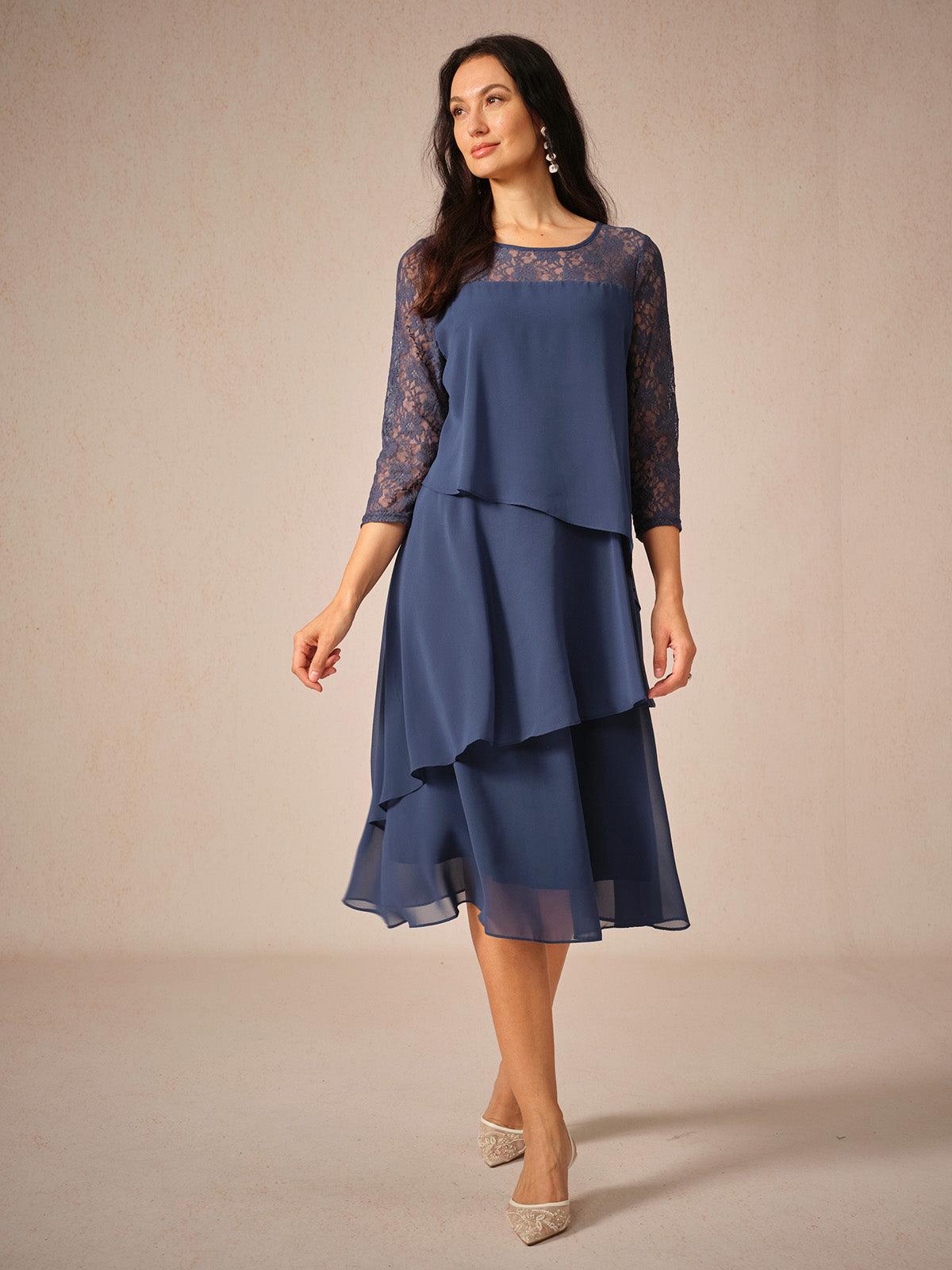 Lace Tiered Chiffon 3/4 Length Sleeve Dress