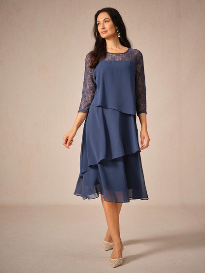 Lace Tiered Chiffon 3/4 Length Sleeve Dress