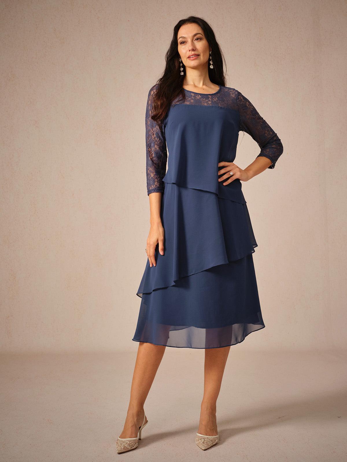 Lace Tiered Chiffon 3/4 Length Sleeve Dress