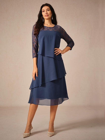 Chiffonkleid mit Spitzenverzierung und 3/4-Ärmeln