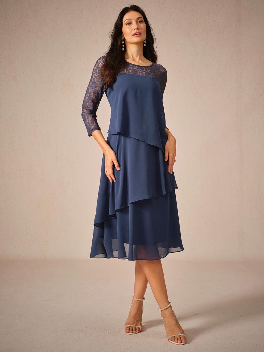 Chiffonkleid mit Spitzenverzierung und 3/4-Ärmeln