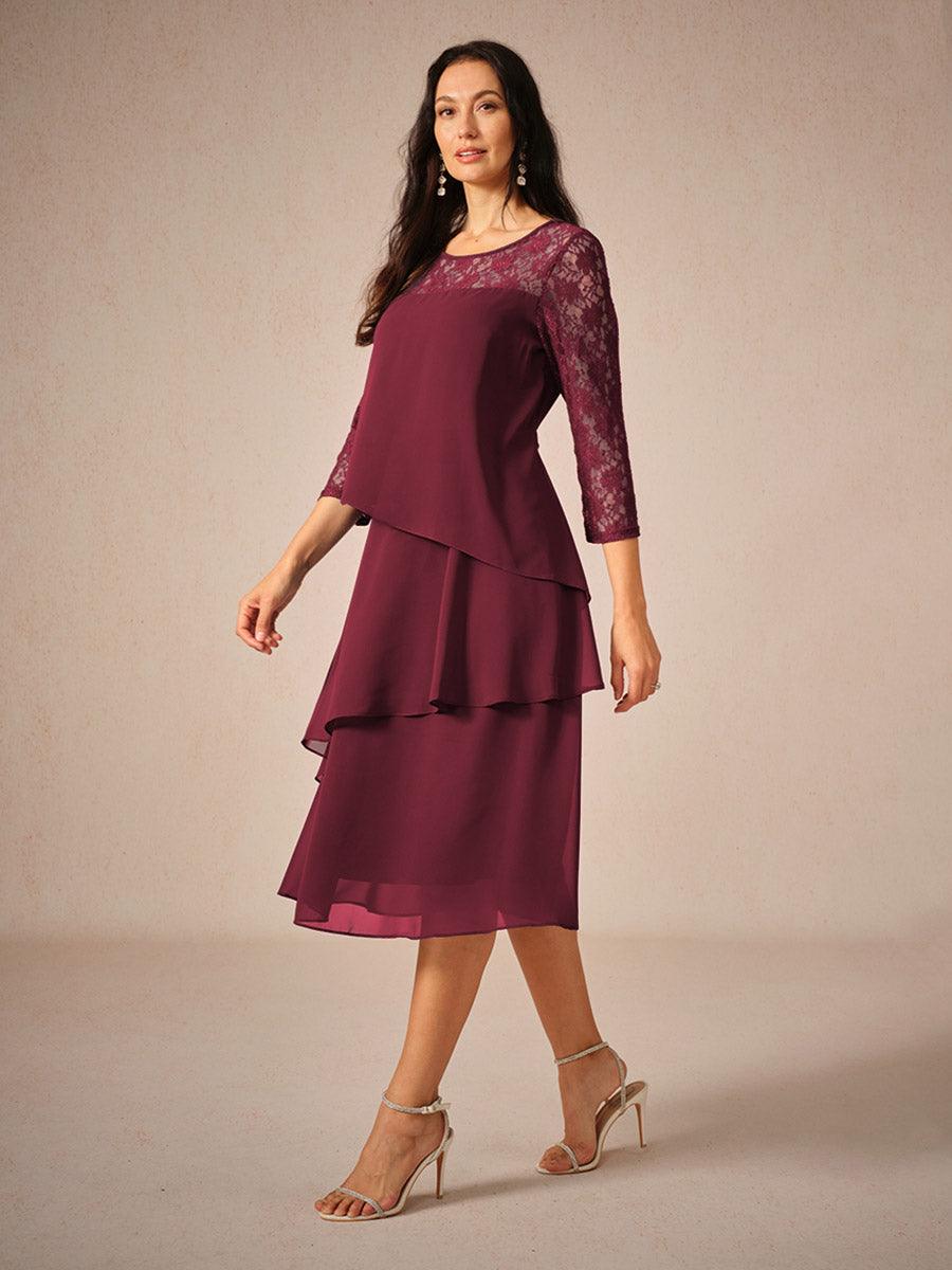 Chiffonkleid mit Spitzenverzierung und 3/4-Ärmeln