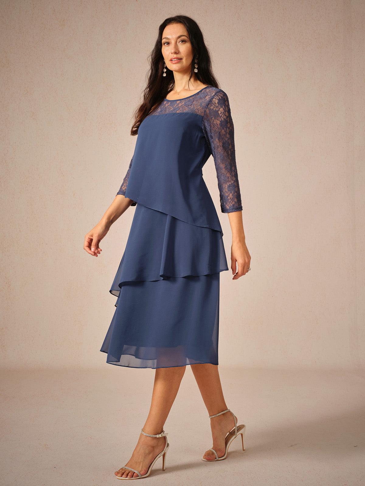 Lace Tiered Chiffon 3/4 Length Sleeve Dress