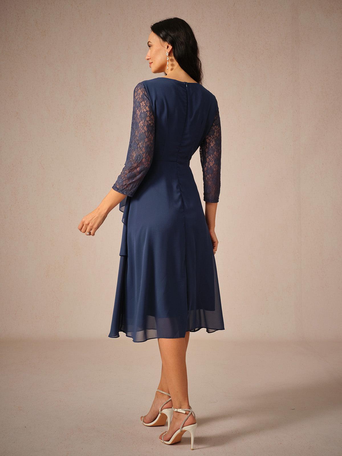 Lace Tiered Chiffon 3/4 Length Sleeve Dress