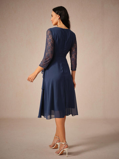 Lace Tiered Chiffon 3/4 Length Sleeve Dress